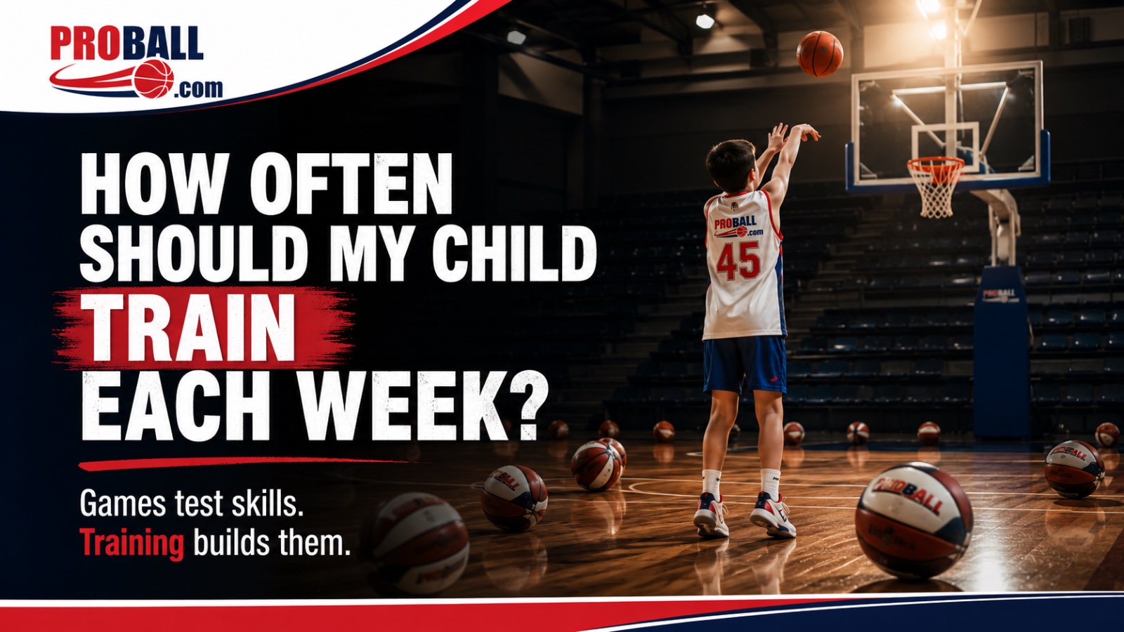A young basketball player practises shooting alone after training in an indoor stadium. The image represents the importance of consistent basketball practice, repetition and long-term skill development for young athletes.